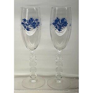 Vintage Millennium New Years 2000 Blue Floral Champagne Flutes With Ornate "2000